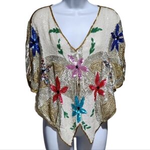 Vintage 80's 90's SILK Sequins Floral Handmade Batwing Top S/M